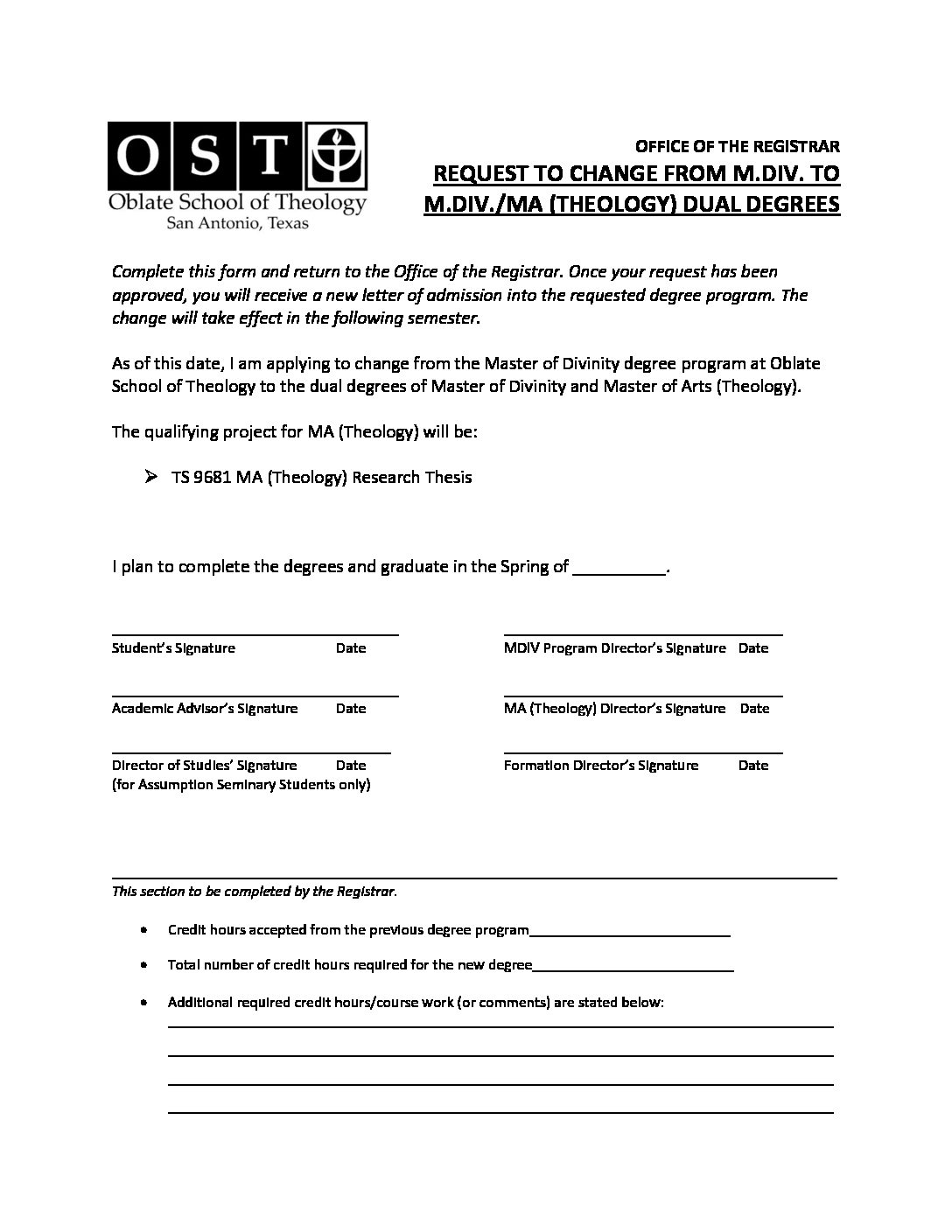 Dual Degree Request Form 18 Revised 10 24 18 Oblate